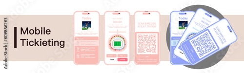 Mobile Ticketing. Booking football, hockey, basketball ticket online via internet smartphone infographic. Sport Tickets Concept Mobile Interface Design, Web or Software Template. Vector.