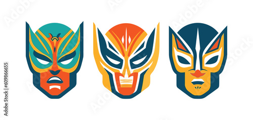 Set of three luchador. Lucha Libre, Mexican wrestling masks. Minimal flat vector icons.