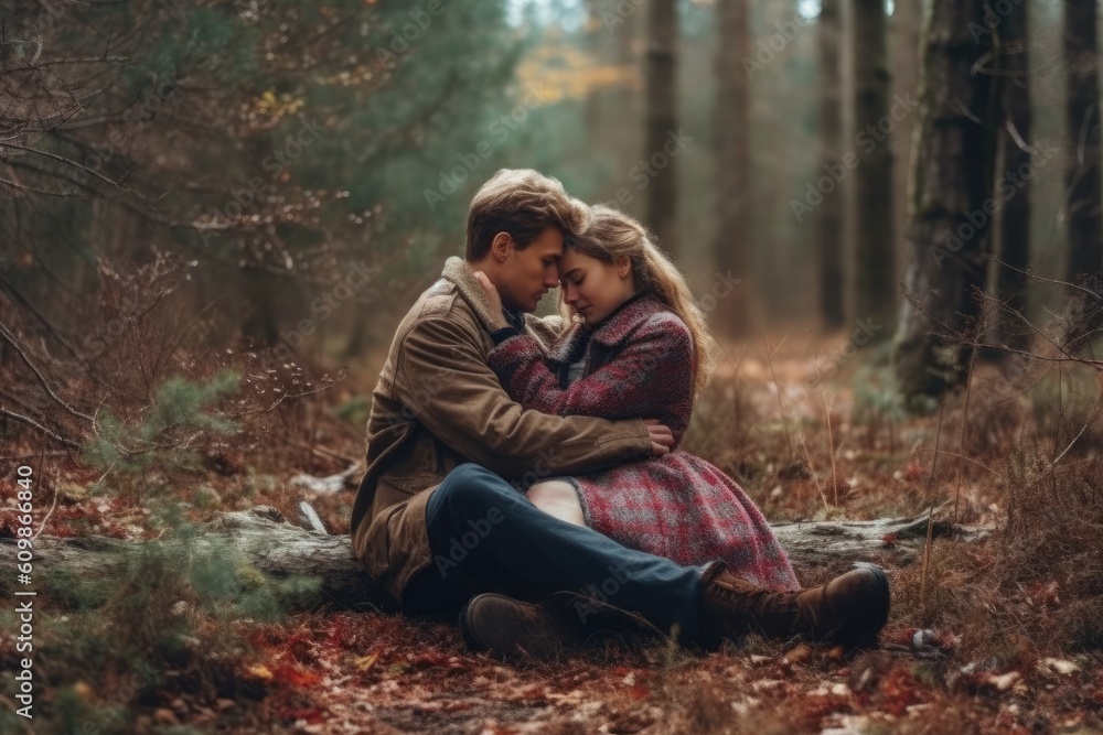 couple is hugging and sitting close in the forest, Generative AI couple is hugging and sitting close in the forest, Generative AI