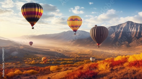 Colorful balloons flying over mountain, Generative AI
