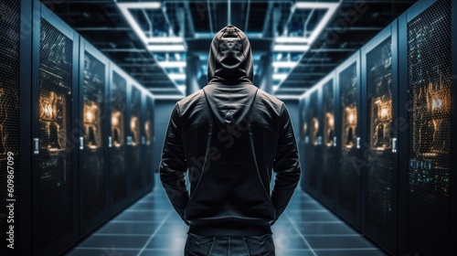man in a hoody stands in front of modern high-tech data-center, ai tools generated image