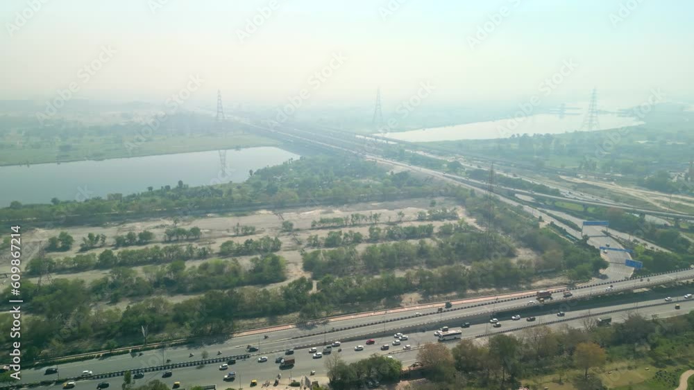 Delhi: Aerial view of capital city of India in spring - landscape panorama of South Asia from above Delhi: Aerial view of capital city of India in spring - landscape panorama of South Asia from above