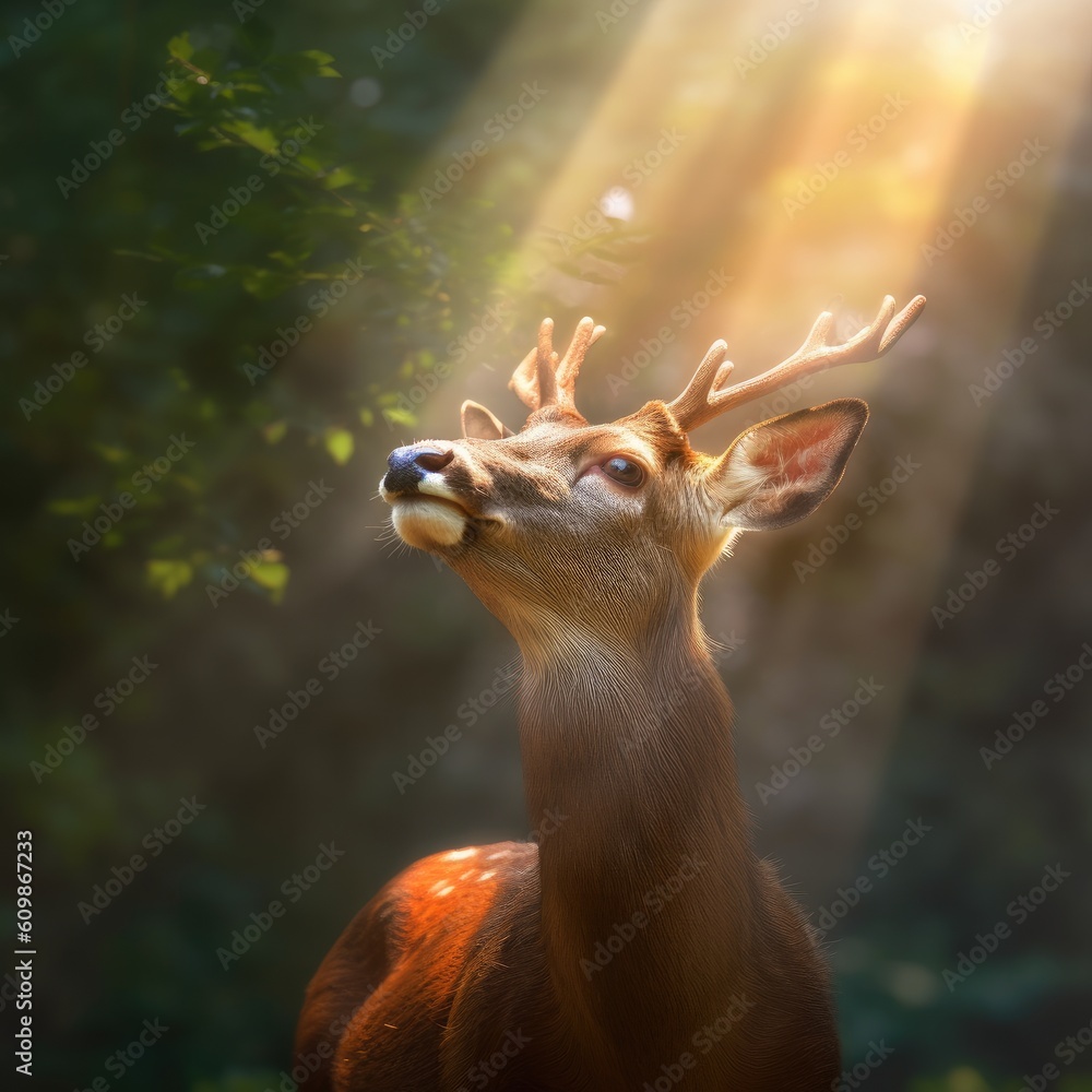 a deer with its head in the sunlight showing its mane Generative Ai a deer with its head in the sunlight showing its mane Generative Ai