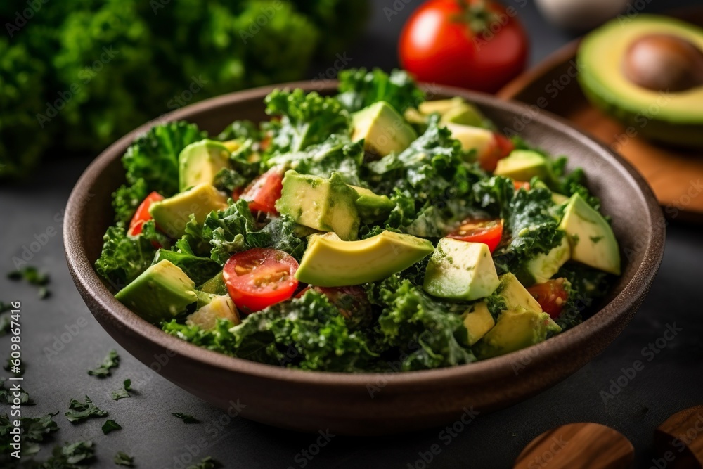Avocado, kale and tomato salad. Ai generated. Avocado, kale and tomato salad. Ai generated.