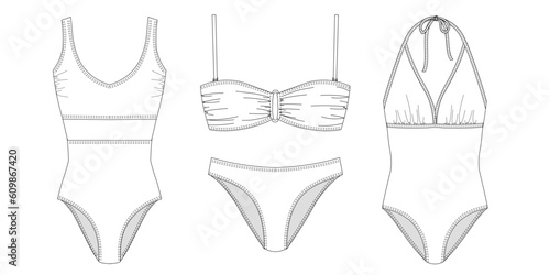 Woman sustainable swimwear, technical drawing, template, sketch, flat, mock up. Recycled PA, Recycled PES, Lycra fabric swimwear front view, white color