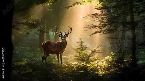 Deer in Forest Sunlight with Tree Reflection Generative Ai