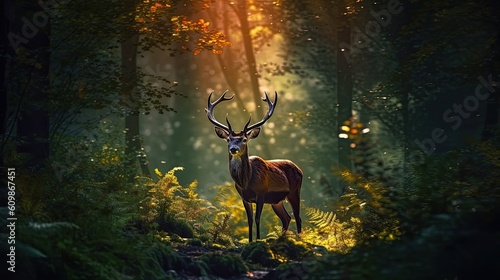 Deer in Forest Sunlight with Tree Reflection Generative Ai