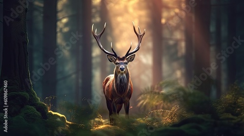 Deer in Forest Sunlight with Tree Reflection Generative Ai © rainbowevolve