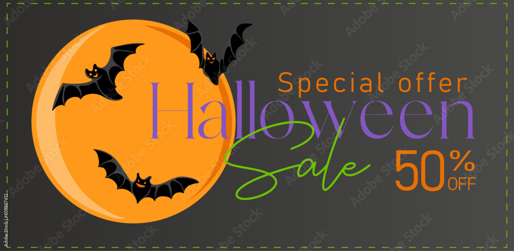 Halloween sale banner. Holiday design with scary flying bats and moon for offer, coupon, banner, voucher or promotional poster. Vector illustration