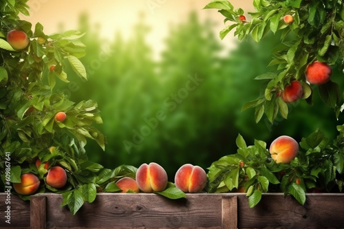 Natural Fruit. Peaches growing on a tree in the summer. Delicious and healthy organic nutrition. Garden with ripened fruits. Copy space. Generative AI.