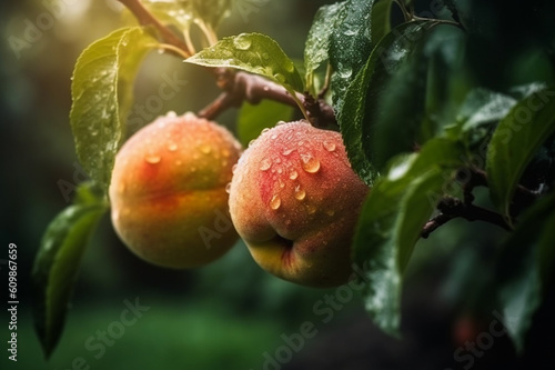 Fresh peaches with rain drops of water. Natural Fruit growing on a tree in the summer. Garden with ripened fruits. Delicious and healthy organic nutrition. Copy space. Generative AI.