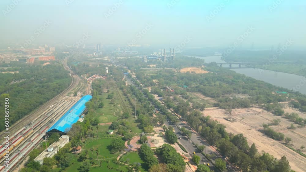 Delhi: Aerial view of capital city of India in spring - landscape panorama of South Asia from above Delhi: Aerial view of capital city of India in spring - landscape panorama of South Asia from above