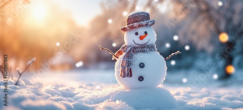 Winter holiday christmas background banner - Closeup of cute funny laughing snowman with wool hat and scarf, on snowy snow snowscape with bokeh lights, illuminated by the sun (Generative Ai) © Corri Seizinger