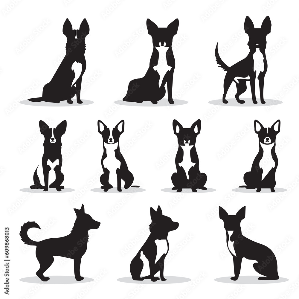 Chihuahua small dog vector icons and silhouettes. Set of illustrations in different poses.