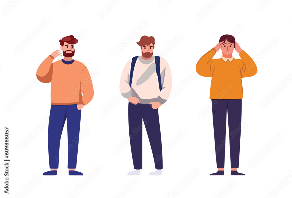 Confused characters men and women. in doubts and thoughts. Worry and think. Flat vector illustrations isolated on white background. Confused characters men and women. in doubts and thoughts. Worry and think. Flat vector illustrations isolated on white background.