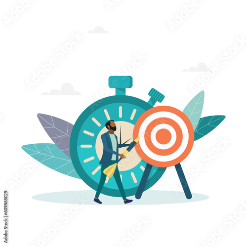 Achievement of the goal before the deadline, time management, productivity.The guy sticks a dart in the target, the concept of achieving the goal. Vector illustration.
