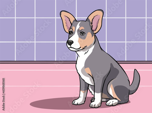 Cute Cardigan Welsh Corgi fluffy Pembroke dog sitting isolated on purple pink background illustrated with colorful shadows. Vector.