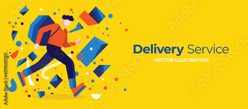 Delivery service concept. Man courier, delivery food to customer copy space. Flat cartoon character in running with special insulated backpack. Vector.