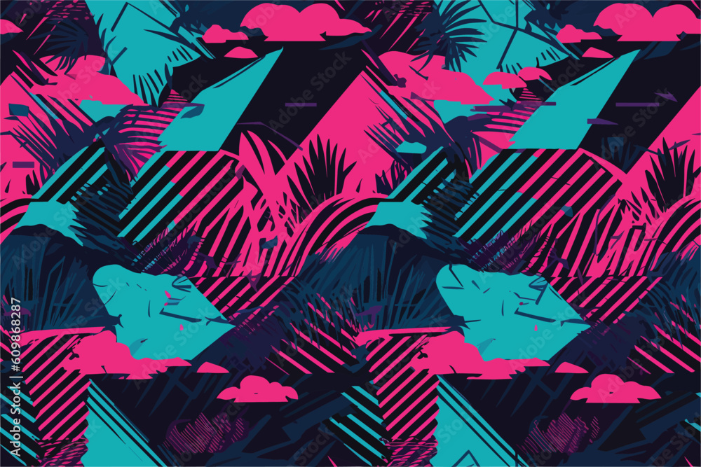 Obraz premium Retrowave exotic leaves summer funky shirt seamless pattern. 80s 90s pop art memphis style. Miami or Hawaii style. Expressive ornament for textile, wrapping. Vector.