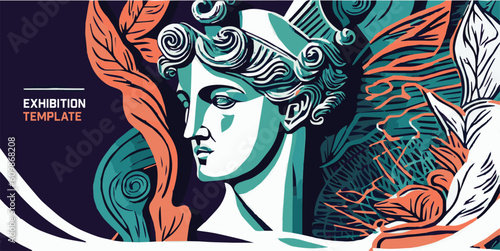 Exhibition poster or banner template. Art objects. Classical and contemporary painting, sculpture and music. Plaster bust, statues and abstract shapes, spots and lines. Vector.