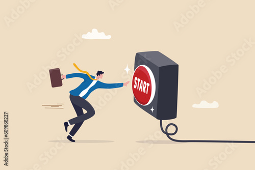 Push start button to start new business, entrepreneur to begin new company, startup to launch project, opportunity, decision to make or motivation concept, businessman run to push red start button.