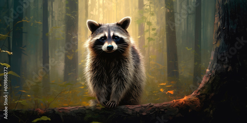 Wild raccoon in the forest. Procyon lotor. Generative AI