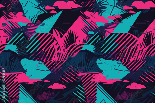 Retrowave exotic leaves summer funky shirt seamless pattern. 80s 90s pop art memphis style. Miami or Hawaii style. Expressive ornament for textile, wrapping. Vector.