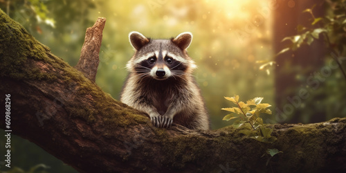 Wild raccoon in the forest. Procyon lotor. Generative AI