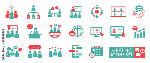 Meeting icon set. Solid icon collection. It contains seminars, business meetings, presentations, online meetings, agreements, and discussion icons.