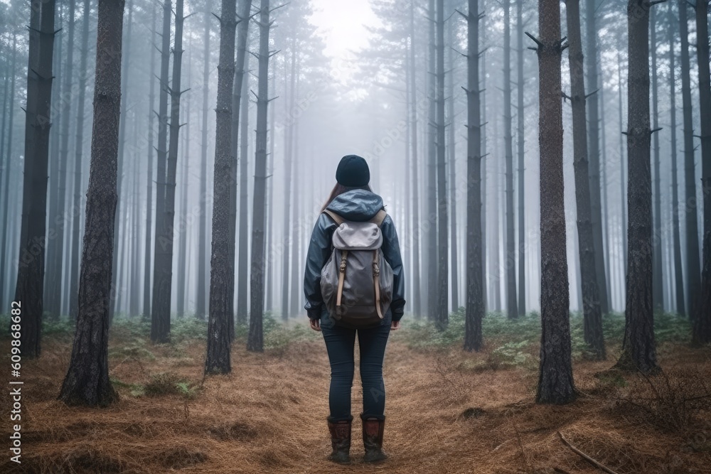 Young female traveler with backpack standing in forest, Generative AI Young female traveler with backpack standing in forest, Generative AI