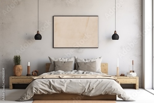 mock-up wall decor frame is hanging in bedroom, Generative AI