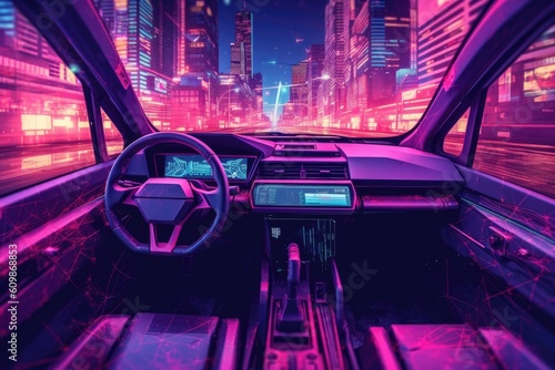 Driving in night, empty cockpit of vehicle, self-driving vehicle, Generative AI