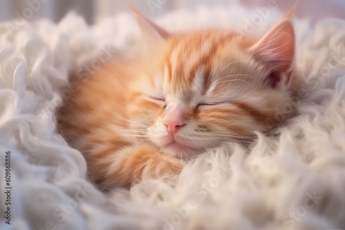 Cute little kitten sleeps on fur white blankets sofa, Generatie AI