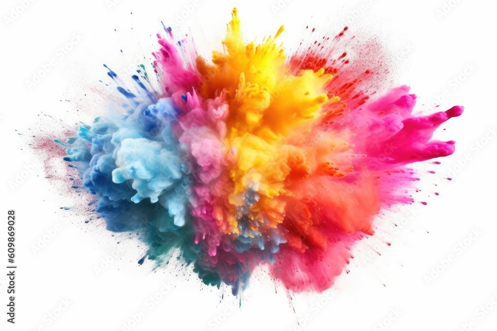 Fototapeta premium Multicolor explosion of holi powder isolated on white background. Generative AI