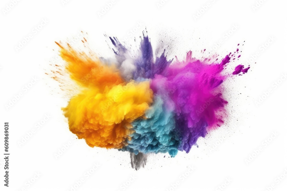 Multicolor explosion of holi powder isolated on white background. Generative AI Multicolor explosion of holi powder isolated on white background. Generative AI