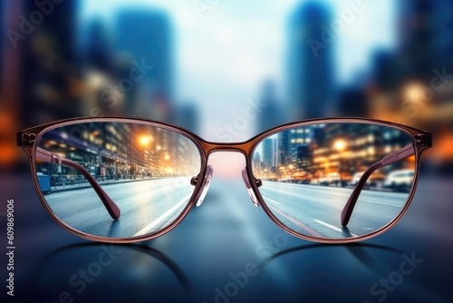 City view through eyeglasses. blurry background, Generative AI