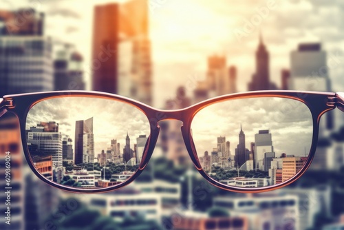 City view through eyeglasses. blurry background, Generative AI