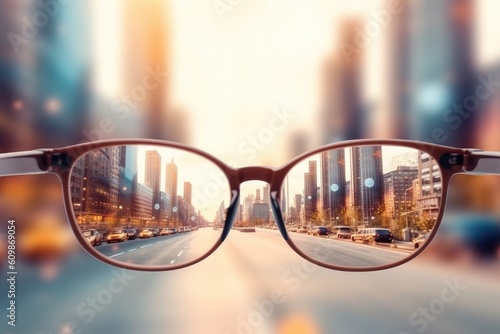 City view through eyeglasses. blurry background, Generative AI © tonstock