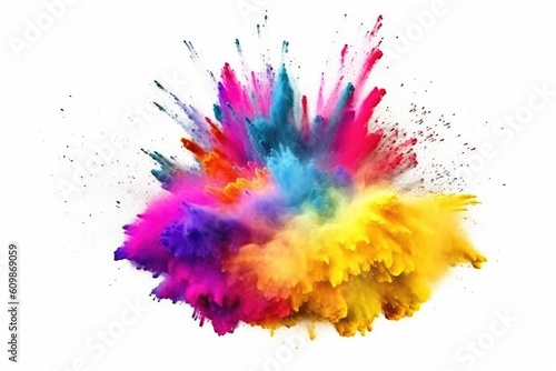 Multicolor explosion of holi powder isolated on white background. Generative AI © tonstock