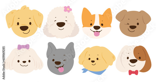 Cute and smile dog heads doodle vector set. Comic happy dog faces character design of different dog breed with flat color isolated on white background. Design illustration for sticker, comic, print.