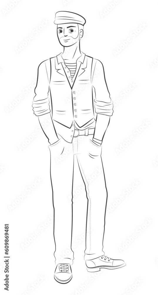 Dessin pour coloriage d'un homme élégant portant une casquette et un veston chemise à la mode, décontracté mains dans les poches, visage souriant avec une barbe, illustration noir et blanc