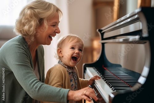 heartwarming bond as Grandma guides her little granddaughter in piano lessons. AI Generated