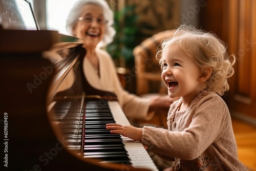 Grandma teaches her little granddaughter to play the piano. Ai generated.