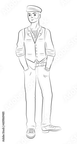 Dessin pour coloriage d'un homme élégant portant une casquette et un veston chemise à la mode, décontracté mains dans les poches, visage souriant avec une barbe, illustration noir et blanc