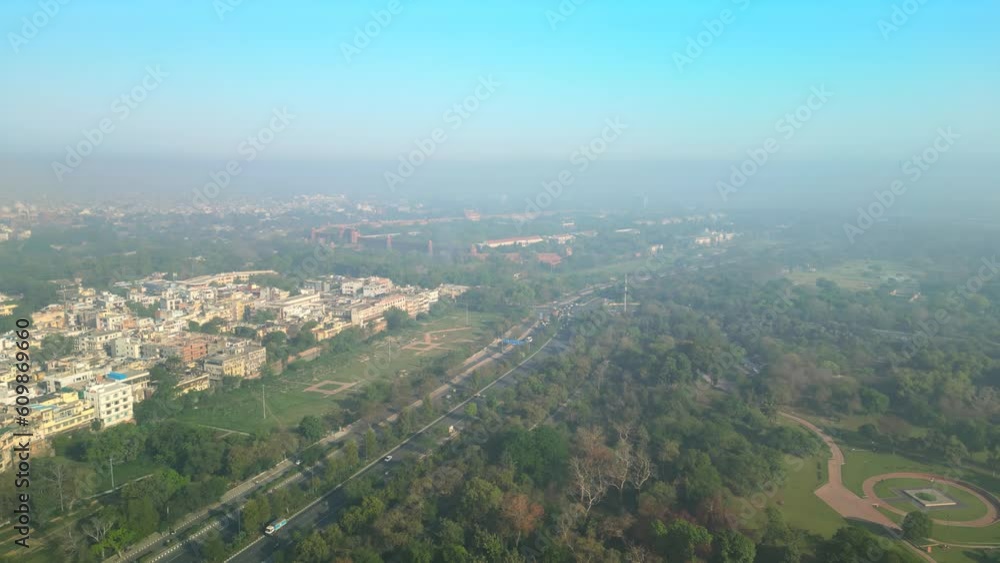 Delhi: Aerial view of capital city of India, famous landmark Red Fort (Lal Qila) - landscape panorama of South Asia from above Delhi: Aerial view of capital city of India, famous landmark Red Fort (Lal Qila) - landscape panorama of South Asia from above