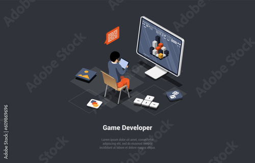 Game Development Concept. GameDev In Process Of Create And Develop New Computer Video Game Design. Digital Technology. Man Testing and Codding Game Interfase. Isometric 3d Cartoon Vector Illustration