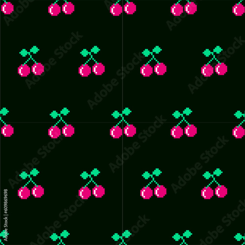 Y2K old computer style pixel pattern Cherry on black background