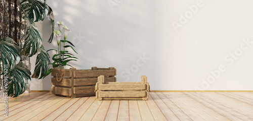 Empty wooden baskets on floor of sieve room wooden barrels floor and wall backdrops in pannier house for food product design 3D illustration