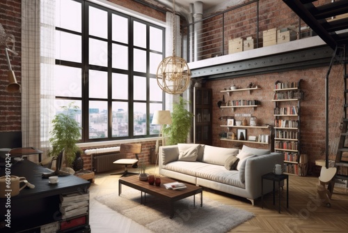 Living room interior in loft, industrial style, Generative AI