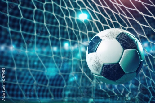 Soccer ball in goal net on blue stadium and green field background, Generative AI © tonstock
